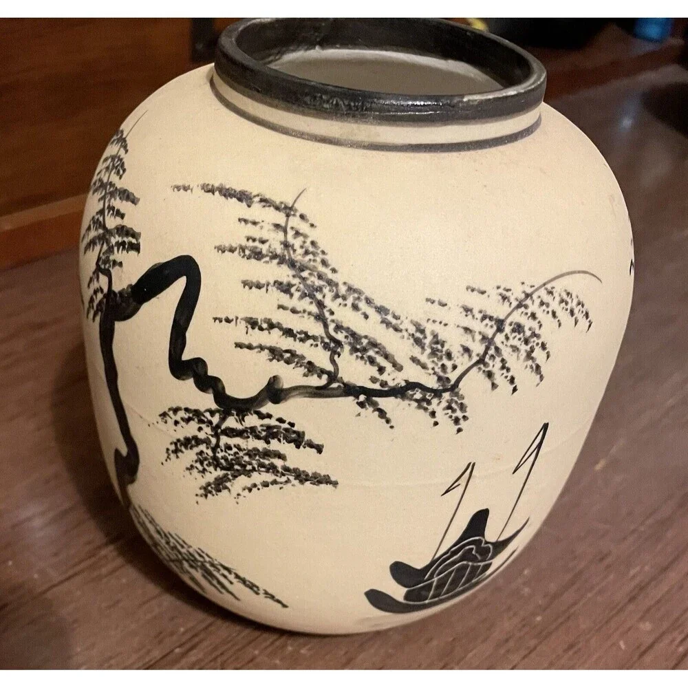 Vintage Japanese Bisque Pottery Hand Painted Pagoda Landscape Vase Ginger Jar 5”